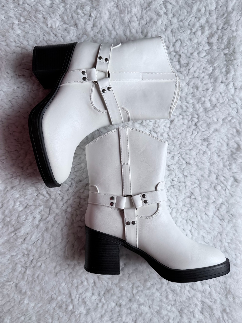 White Mid-Calf Block Heel Boots - Women